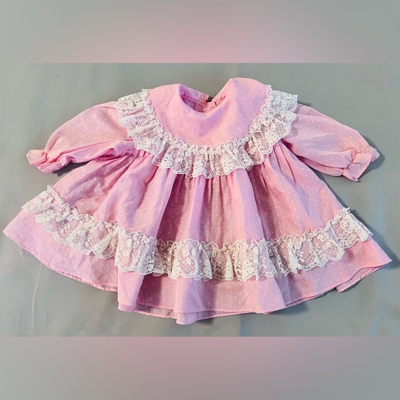 Vintage Hi-Girls Inc Girls Full Circle Lace Pink Polka Dot ‎ Ruffle Dress 12-Mts